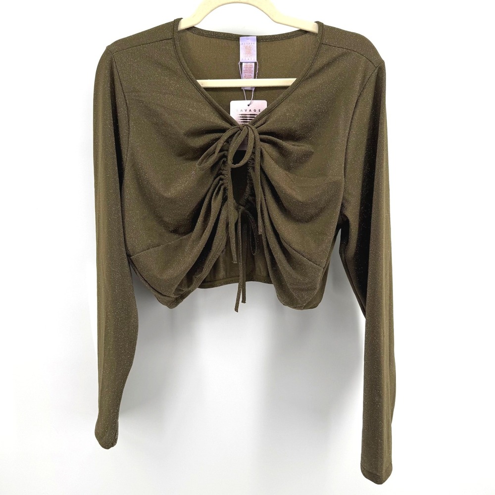 Savage X Fenty Going Out Crop Top Women L Olive Green Metallic Euphoria Disco